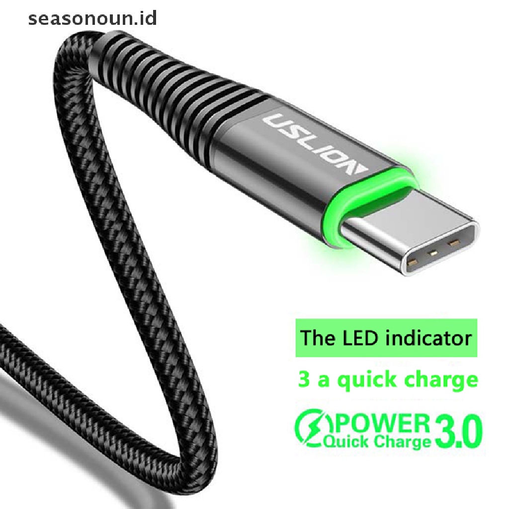 Seasonoun 2M 3A Kabel Data Pengisian Cepat Cahaya Hijau Lampu Led Kawat Pengisian USB Tipe C Perangkat Kabel Data Serat Dikepang Tahan Lama Pengisian Cepat Micro USB Ponsel Charging Wire.