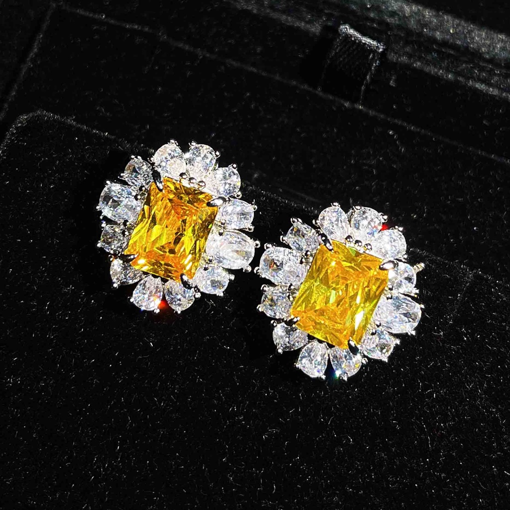 Goldkingdom Aksesoris Perhiasan Fashion Ready Stock Ringan Mewah Asche Berlian Kuning Topa Biru Argyle Pink Square Diamond Earrings Untuk Wanita