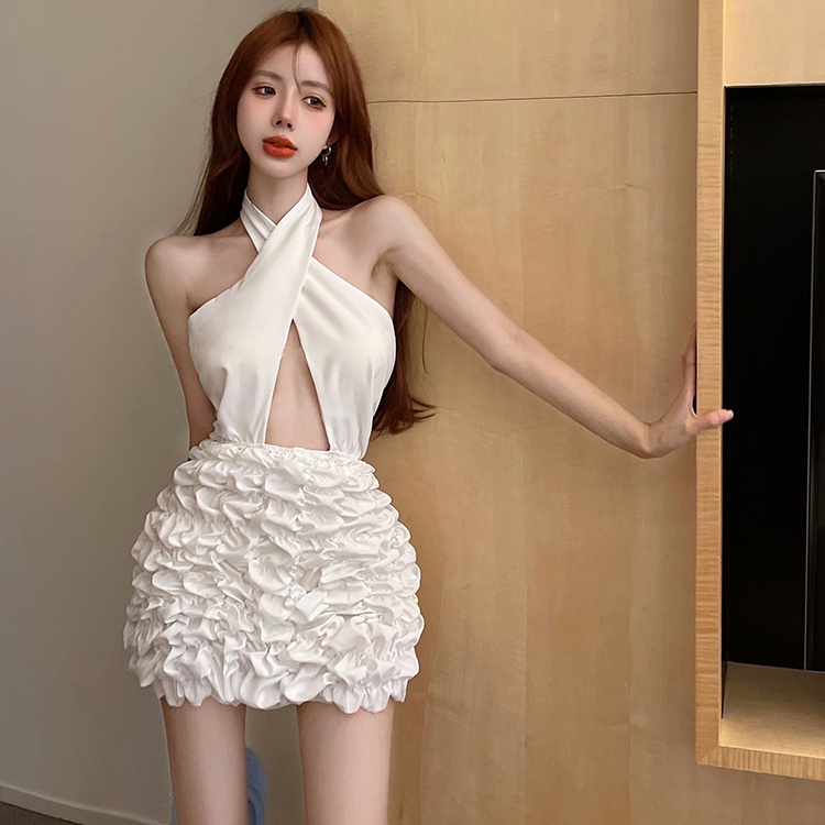 Red Sexy hot girl keinginan murni lintas menggantung gaun leher perempuan pinggang tinggi lipit gaun ulang tahun putih kecil tas pinggul rok pendek