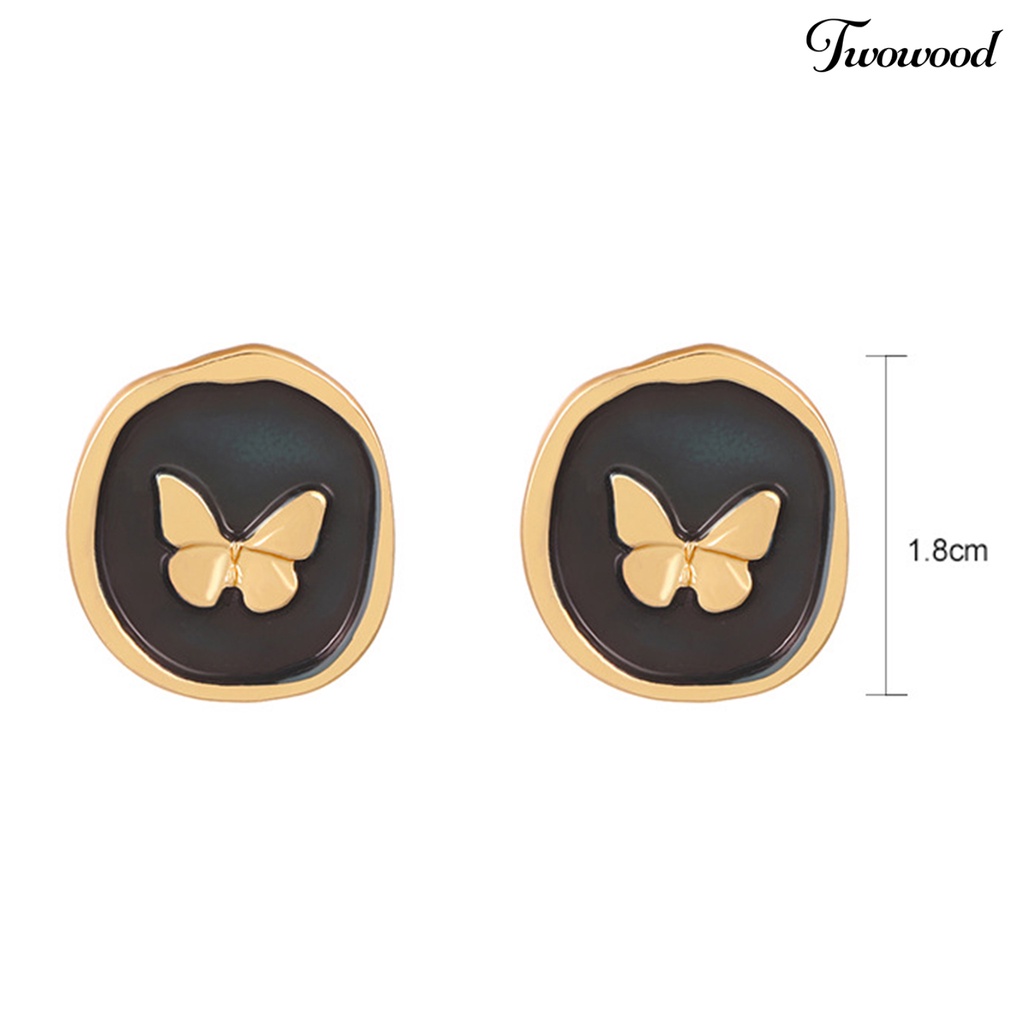 Twowood 1pasang Ear Studs Retro Gaya Perancis Menjatuhkan Minyak Tidak Teratur Bulat Hadiah Kepribadian Hitam Emas Kupu-Kupu Wanita Anting Perhiasan Fashion