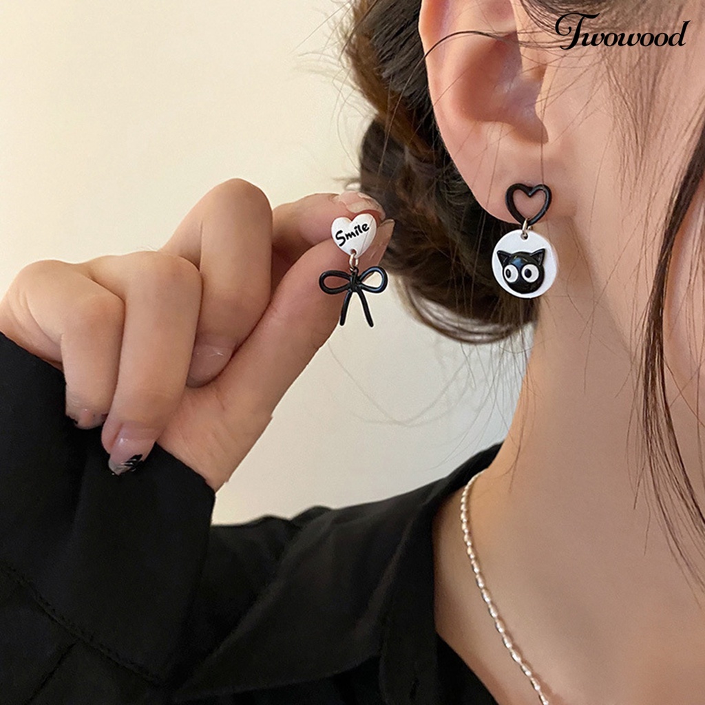 Twowood 1pasang Drop Earrings Desain Kartun Liontin Tidak Teratur Hypoallergenic Ultra-light Ear Ornament Aksesori Kitten Bow Stud Earrings Untuk Tanggal