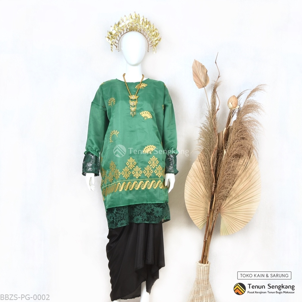 Baju Bodo Organza Modern Sulam Bugis Makassar Lengan Panjang Hijau Gold - Tenun Sengkang BBZS-PG-0002  (Harga per Pcs)