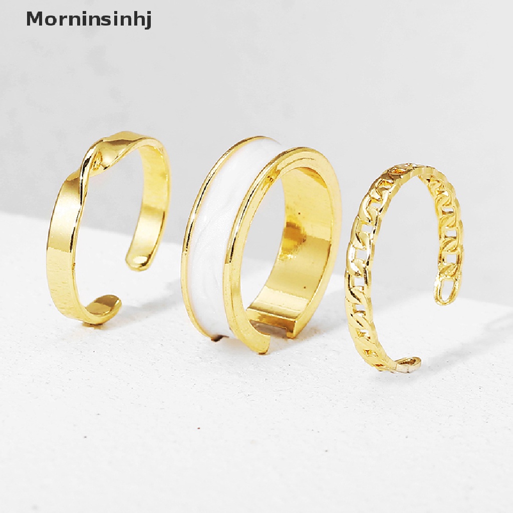 Mornin 3Pcs/Set Enamel Jantung Cincin Korea Fashion Mutiara Cincin Untuk Wanita Geometris Tidak Teratur Bentuk Rantai Pembukaan Cincin Set Buku Jari Perhiasan id