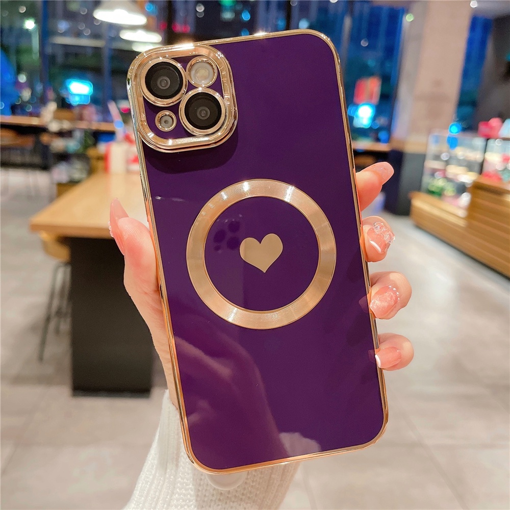 IPHONE Luxury Plating Love Heart Untuk Mag Magnetic Wireless Charge Case Untuk Iphone11 12 13 14 Pro Max XR X XS 7 8Plus SE Soft Cover