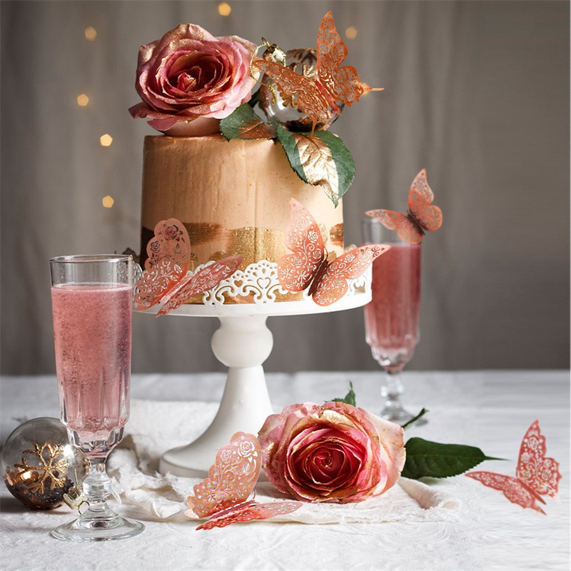 12 Pcs Rosegold 3D Butterfly Stiker Glittering Pesta Seni DIY Decals Kue Roti Dekorasi Kertas Butterfly Removable Efek Cermin Wallpaper Pintu Jendela Kulkas Dekorasi