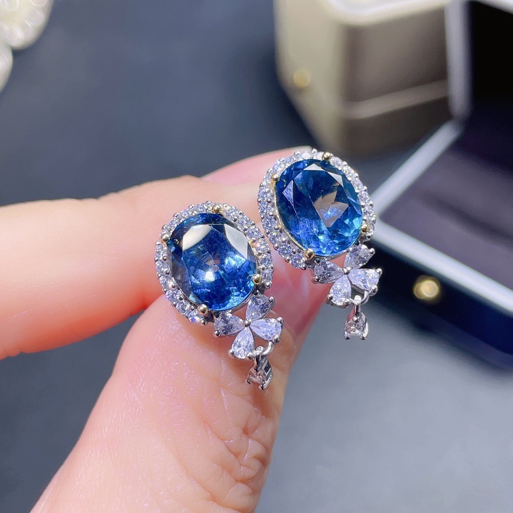 Goldkingdom Fashion Perhiasan Aksesoris Ready Stock Alami London Biru Topa Batu Anting Perempuan Eropa Amerika Cahaya Mewah Super Flash Laut Biru Harta Anting