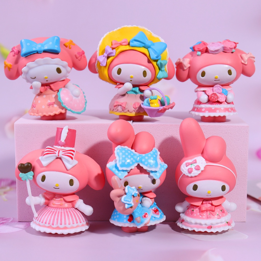 6pcs/set My Melody Kawaii Tea Party Doll Desktop Collectible Model Action Figure Mainan Anak Dekorasi Rumah