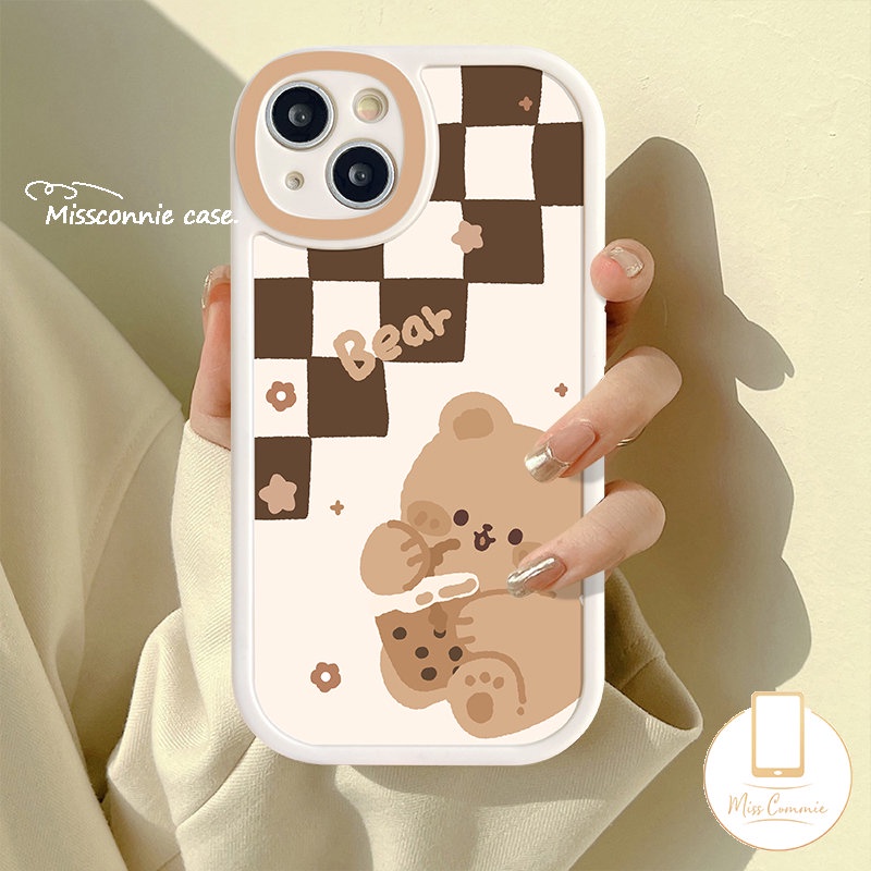 IPHONE Lovely Round Lens Case Kompatibel Untuk Iphone11 12 14 13 Pro MAX XR 7 8 6 6s 14 Plus X XS MAX SE 2020 7plus Kartun Lucu Kotak-Kotak Beruang Lembut TPU Penutup Belakang