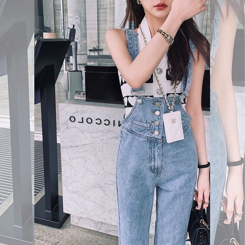 Overall Denim Wanita Jumpsuit Kaki Lebar Longgar Gaya Korea