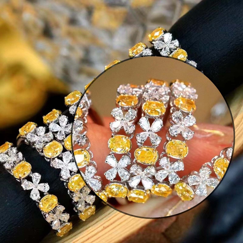 Cincin Berlian Kuning Simulasi Mewah Tembaga Zirkon Empat Daun Clover Zircon Baris Tipis Ring Tail Ring Untuk Wanita