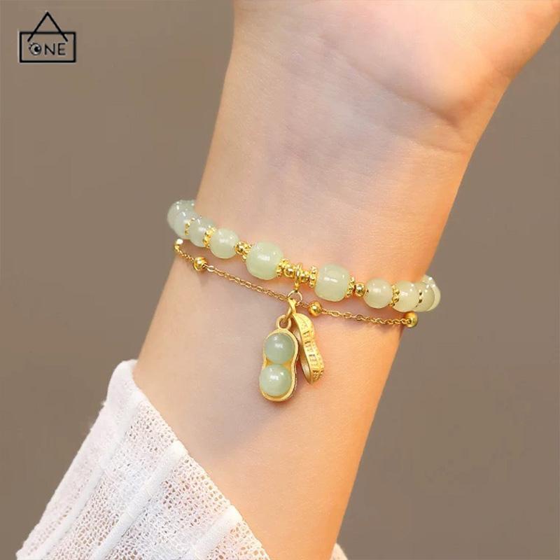 COD❤️Gelang Rantai Emas Hijau Liontin Kacang Gaya Cina Retro Untuk Wanita-A.one
