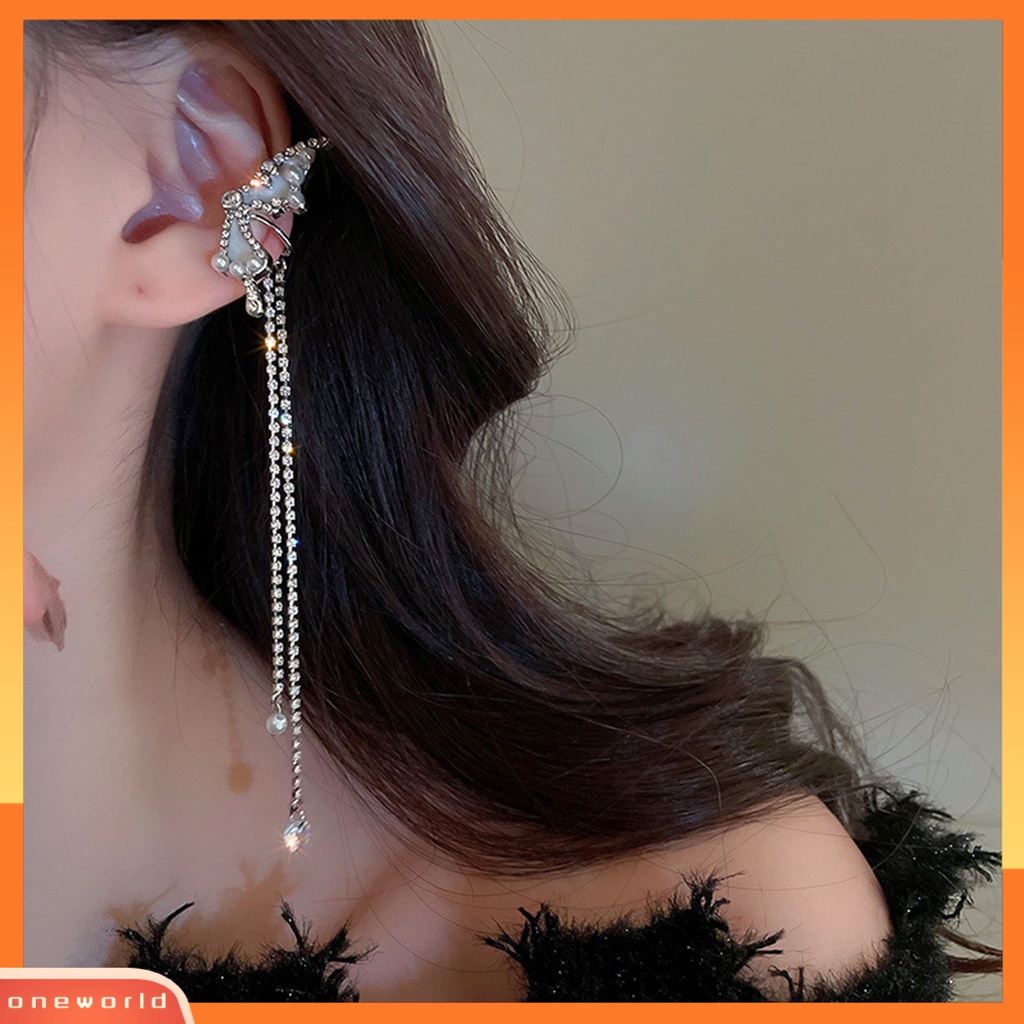 [OWR] 1pasang Manset Telinga Non-Piercing Rumbai Panjang Mutiara Imitasi Peri Elegan Berlian Imitasi Kupu-Kupu Tulang Rawan Klip Anting Perhiasan Fashion
