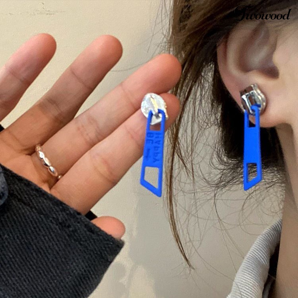 Twowood 1pasang Menjuntai Anting Lucu Vintage Warna Cerah Eye-catching Pengerjaan Halus Berdandan Hypoallergenic Kepribadian Ritsleting Stud Earrings Perhiasan Aksesoris