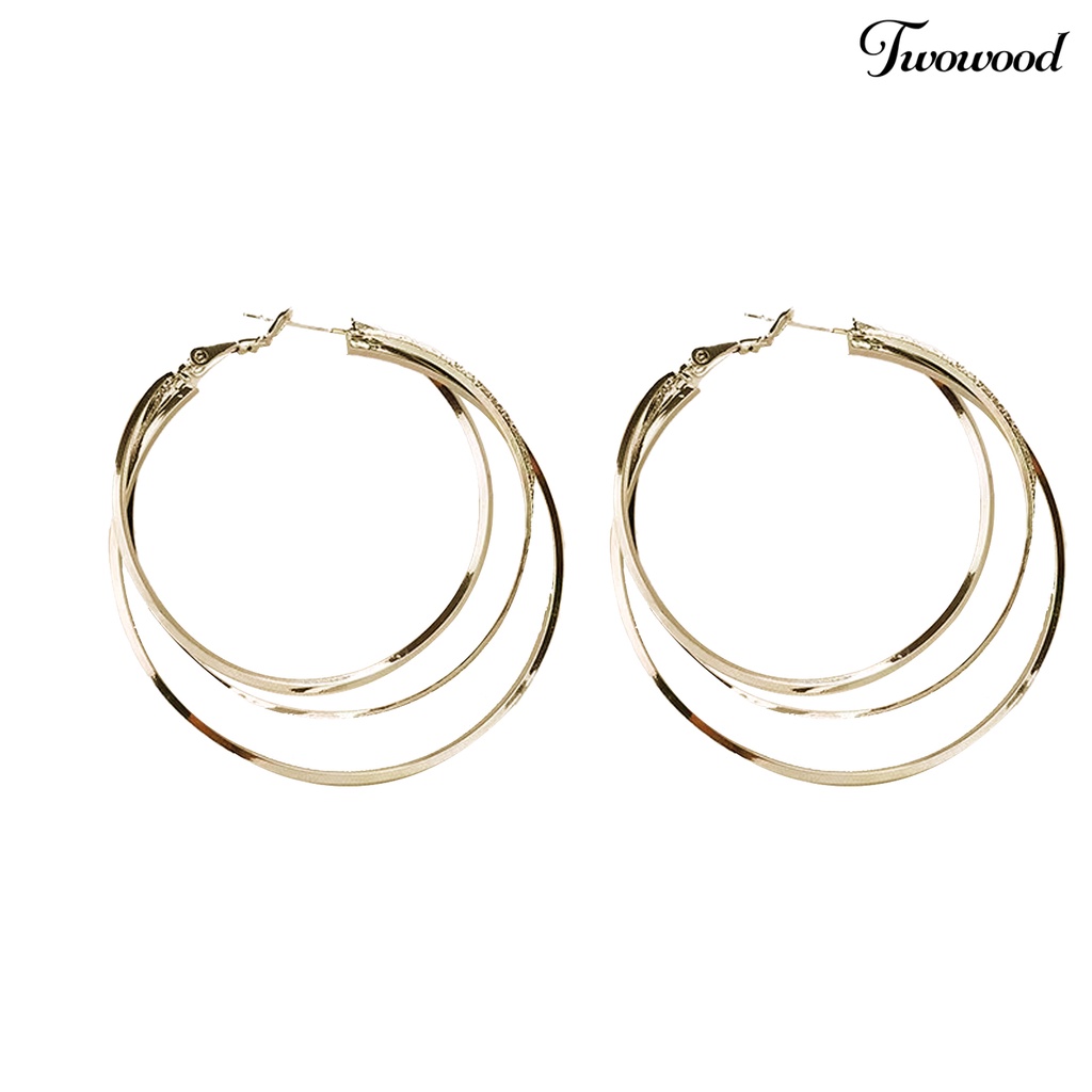 Twowood 1pasang Anting Wanita Multi-layer Berlebihan Mengkilap Tinggi Dipoles Temperamen Telinga Dekorasi Perhiasan Bulat Besar Hoop Earrings Wanita Hadiah