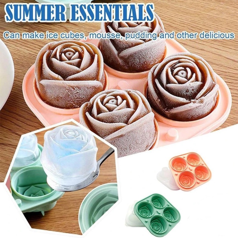 Cetakan Silikon 4rongga Untuk Es Batu Dengan Tutup Bentuk Bunga Mawar Dapat Digunakan Kembali Ice Ball Tray Aksesoris Dapur Ice Cream Maker Tool