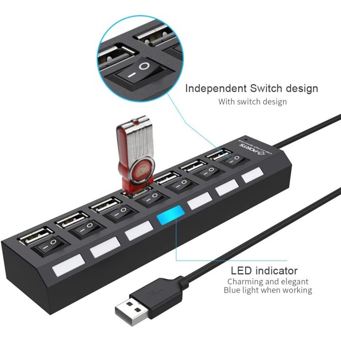 USB Hub 7 Port Output Switch On LED 2.0 PC Laptop USB Slot Extension