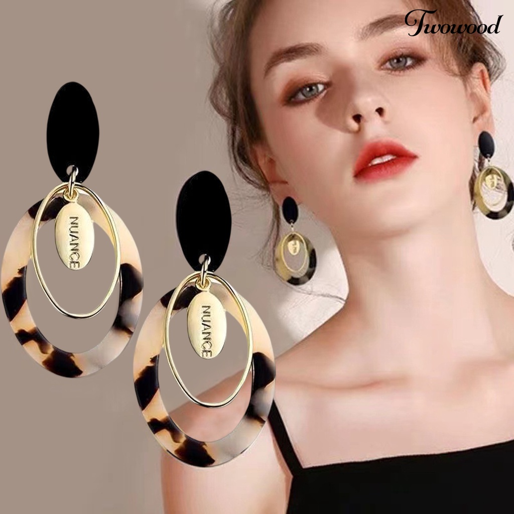 Twowood 1pasang Anting Pejantan Berlebihan Multi-Layer Berongga Besar Retro Leopard Wanita Drop Earrings Fashion Perhiasan