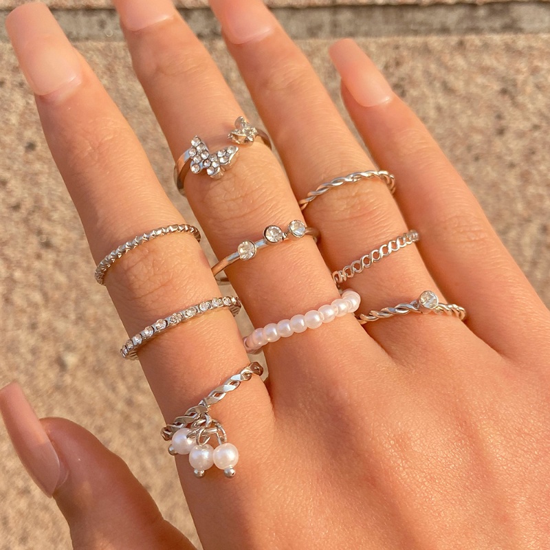9pcs/set Fashion Cincin Mutiara Sederhana/Cincin Jari Kupu-Kupu Berlian Sederhana Untuk Wanita Perhiasan Halus