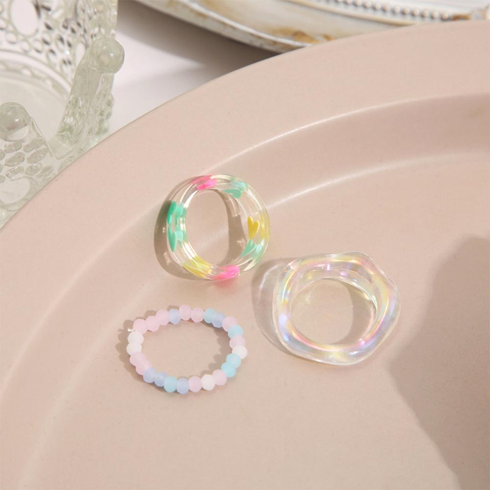 Timekey 3pcs/Set Cinta Manik-Manik Resin Cincin Set Kreatif Sederhana Resin Cincin Fashion Perhiasan Aksesori Untuk Wanita J3M2