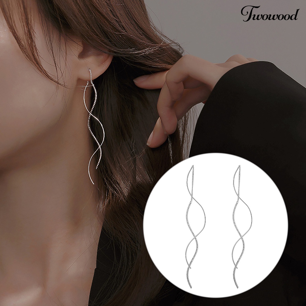 Twowood 1pasang Drop Anting Temperamen Rumbai Panjang Geometris Tipis Anti Luntur Hias Hadiah Wanita Garis Bergelombang Menjuntai Anting Fashion Perhiasan Untuk Pakaian Sehari-Hari