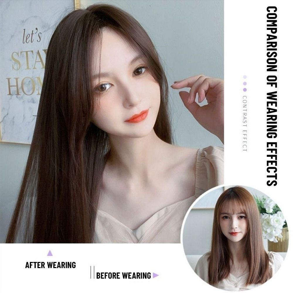 R-FLOWER Rambut Lurus Wig Alami Penutup Kepala Tahan Panas Asli