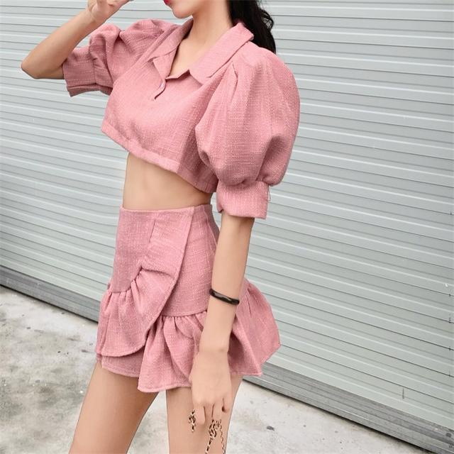 Red Salt can be sweet suit summer first love puff sleeve top ruffled skirt temperament small two-piece female