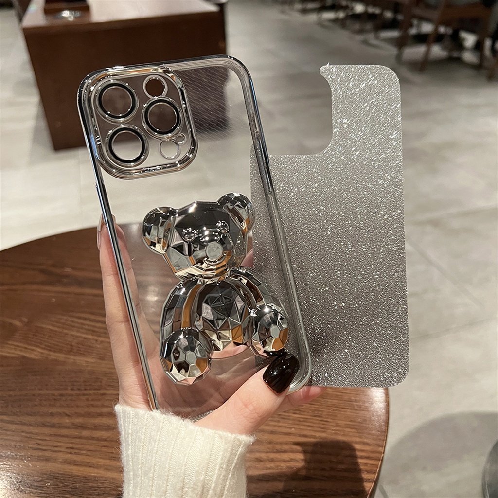 Film Lensa Perlindungan Kamera Mewah Untuk Case iPhone 14 Pro Max Plus Case iPhone 13 12 Pro Max Case 14 Promax Premium Shimmering Metal 3D Crystal Bear Shockproof Transparan Soft Cas