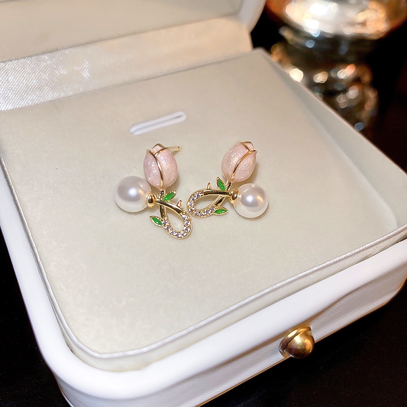 Anting Bunga Tulip Mutiara Fashion Korea Manis Fashion Anting Bunga Pink Perhiasan Wanita Korea