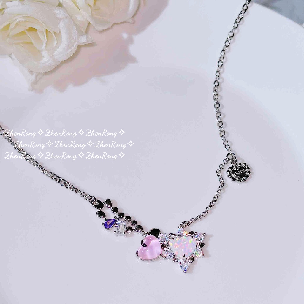 Goldkingdom Fashion Perhiasan Aksesoris Ready Stock Opal Zirkon Jantung Kalung Gadis Indah Angin Dingin Niche Desainer Berlian Ungu Hati Kalung Opal Liontin.