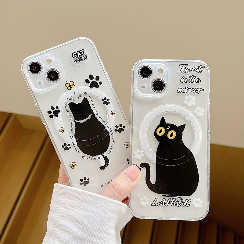 IPHONE Casing Magnetik Handphone Untuk Iphone14 13 12 11 Pro Max Kartun Kucing Hitam Lucu Soft case Transparan