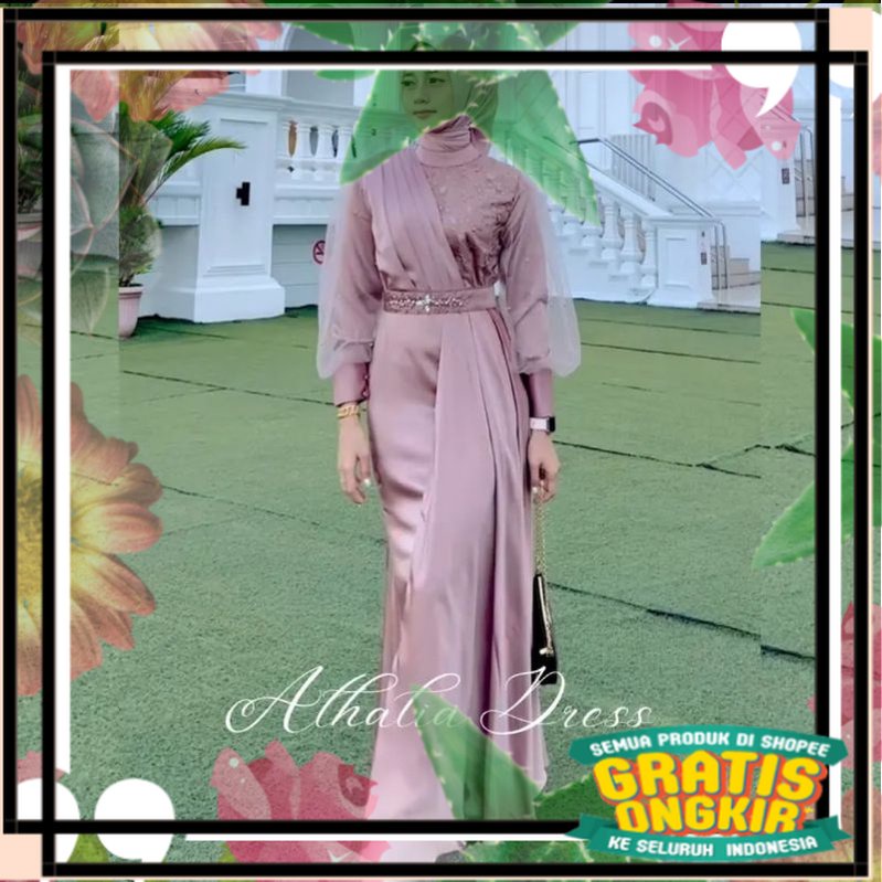 BATIK EXPRESS - Gamis Brukat Maxi Dress Auliya Lengan Panjang Baju Kondangan Wanita Kekinian Dress B