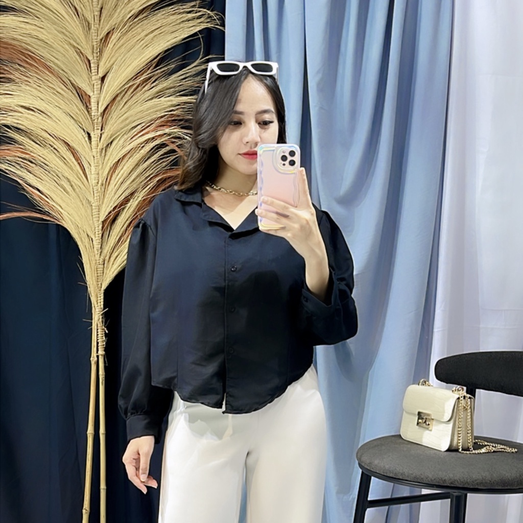 BEFAST - ZRX OOTD WANITA KEMEJA VITA / KEMEJA CROP PUFF CHIA LENGAN PANJANG BAJU CROP / Hem Crop Wanita Model Terbaru / Pakaian Wanita Modis / OOTD Ala Style Wanita Korea / Fashion KekinianRemaja ABG Trendy / Kemeja Crop Polos Lengan Panjang Terlaris