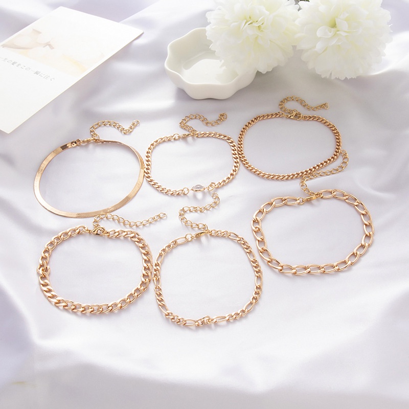 Gelang Kaki Rantai Ular Datar Rantai Multi-layer Kristal Imitasi Modis Dan Sederhana Dengan Desain Kecil Perasaan Gelang Kaki Wanita 6-piece Set