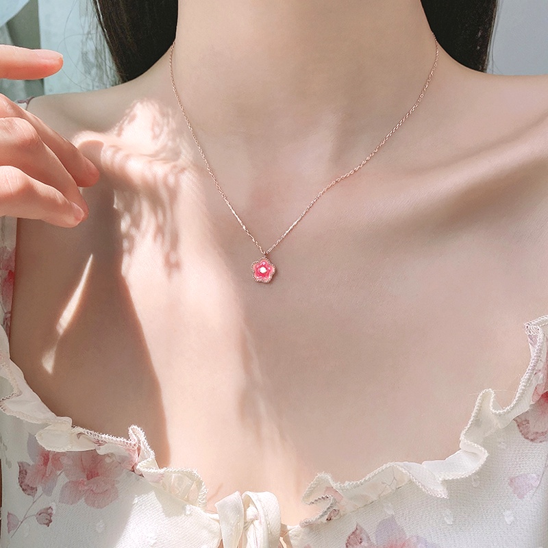 Magic789 Manis Bersinar Zirkon Merah Muda Bunga Liontin Emas Kalung Untuk Wanita Perempuan Lucu Blossom Tulang Selangka Rantai Temperamen Aksesoris Leher
