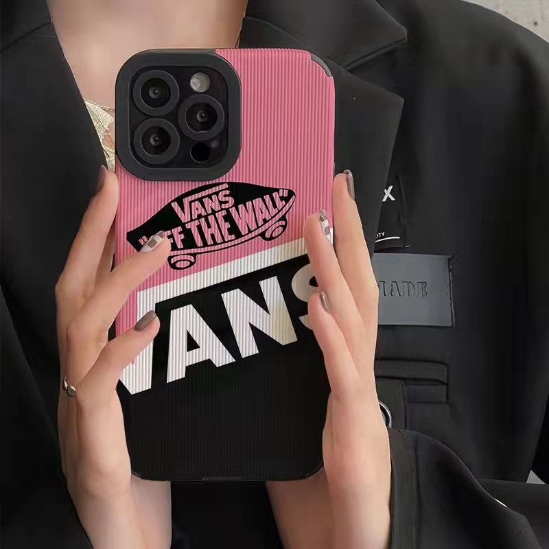 【Lamb Skin】Cool Black and Pink Vans Soft Case for IPhone 6S 7 Plus 8 Plus X XS XR XS Max 11 13 12 14 PRO Max 14 Plus 12 13 Mini Camera Protect Fashion Baolongwish Casing