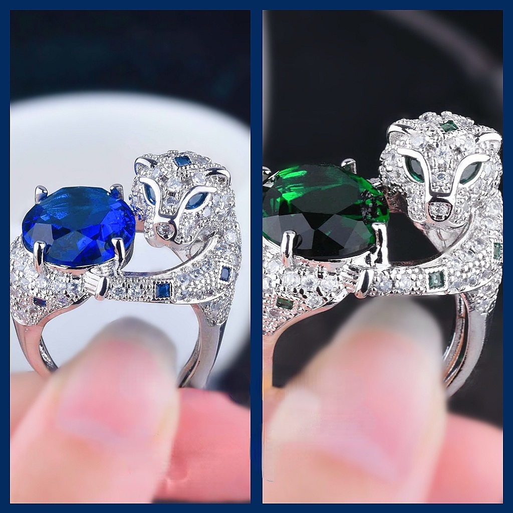 Goldkingdom Aksesoris Perhiasan Fashion Ready Stock Gauding Jewelry Royal Sapphire Emerald Full Bor Leopard Kepala Cincin Perempuan Yang Dapat Disesuaikan