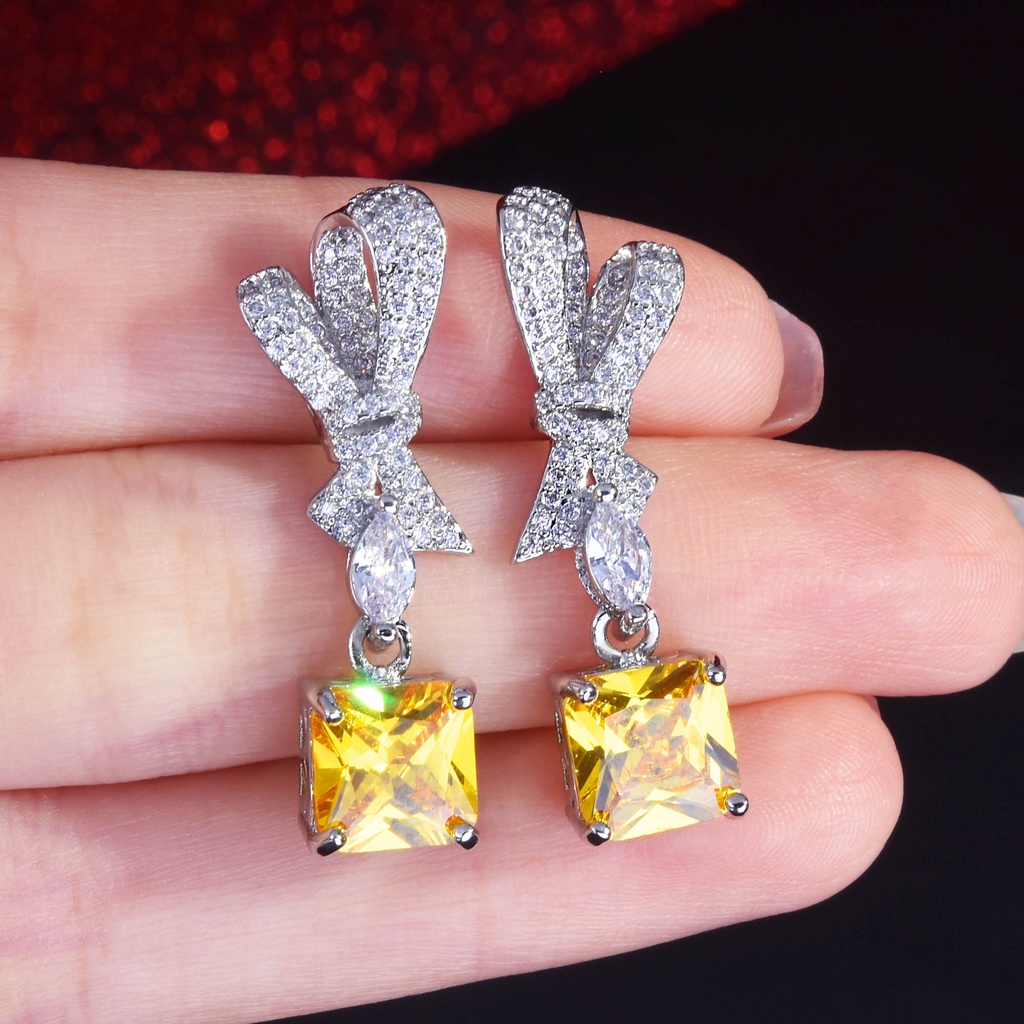 Goldkingdom Fashion Perhiasan Aksesoris Ready Stock High-end Perhiasan Berlian Kuning Raydean Cutter Ear Studs Earrings Super Glitter Berlian Merah Muda Es Potong Penuh Bor Busur Anting-Anting