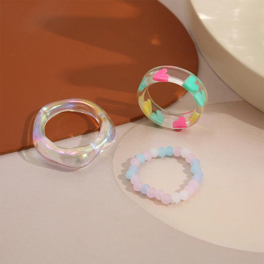 Timekey 3pcs/Set Cinta Manik-Manik Resin Cincin Set Kreatif Sederhana Resin Cincin Fashion Perhiasan Aksesori Untuk Wanita J3M2