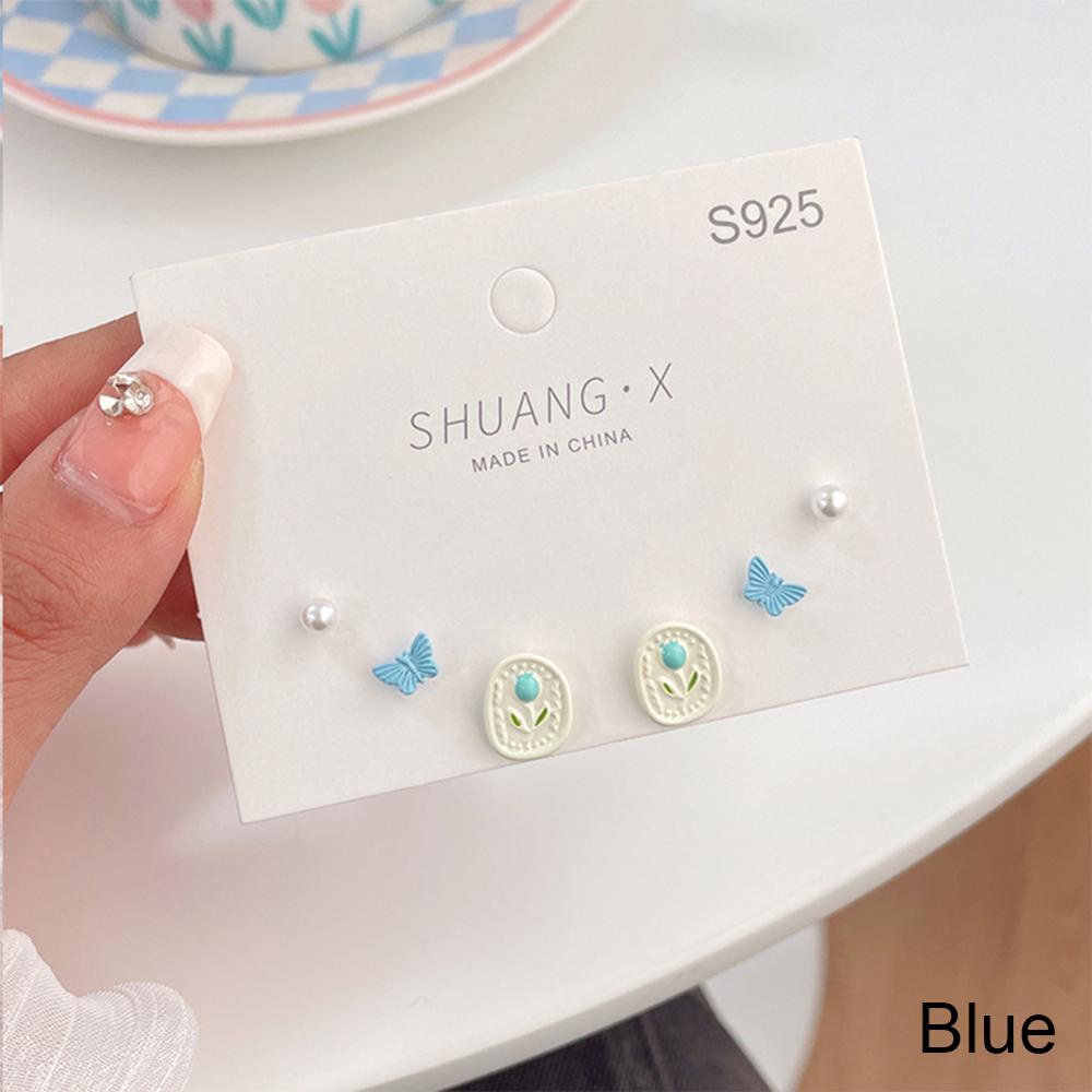 Timekey 6pcs/set Niche Sederhana Tulip Anting Pink Biru Alloy Ear Studs Earrings Halus Perhiasan Aksesoris Untuk Wanita S5U9