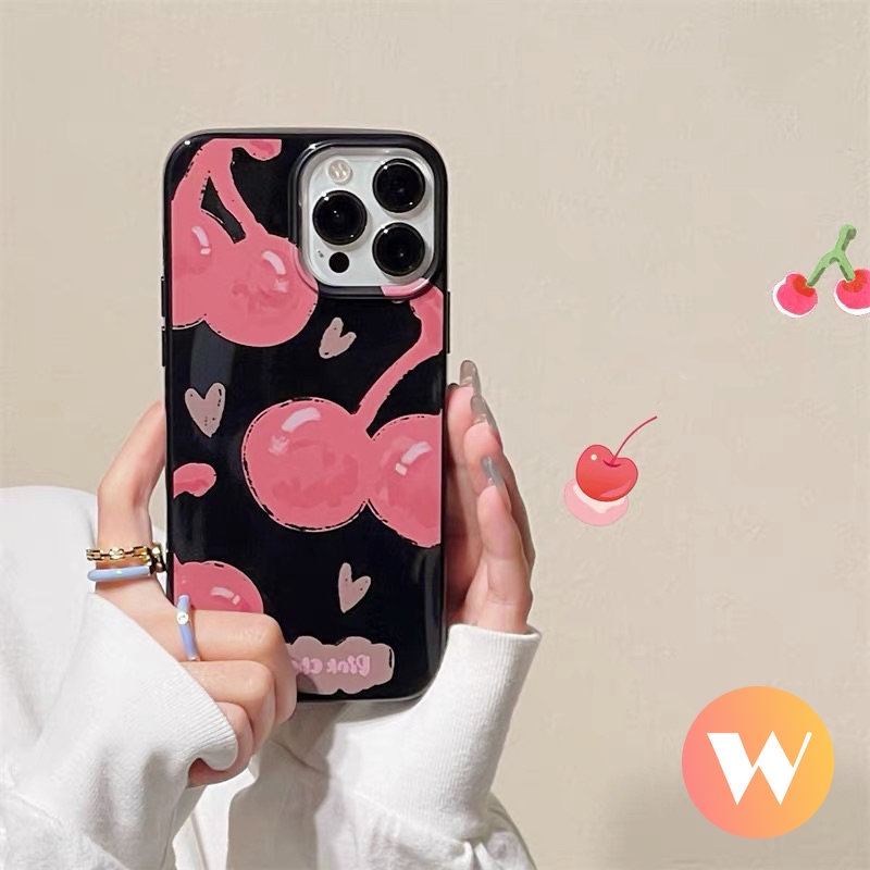 Kartun Pink Cherry Halus Casing Ponsel Kompatibel Untuk IPhone 7plus XR 11 13 14 12 Pro Max X XS Max7 8 Plus SE 2020 Lucu Cinta Hati Smiley Shockproof Glossy Keren Hitam Soft Cover