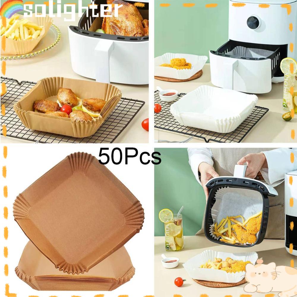 Solighter 50Pcs Air Fryer Paper Liner Alas &amp; Penjepit Baking Sekali Pakai Roasting Air Fryer Liner