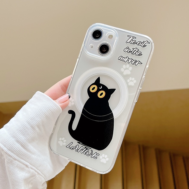 IPHONE Casing Magnetik Handphone Untuk Iphone14 13 12 11 Pro Max Kartun Kucing Hitam Lucu Soft case Transparan