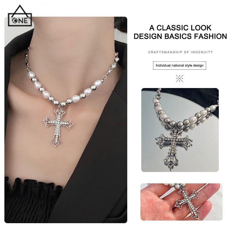 COD❤️Kalung Alloy Vintage Pearl Cross Pendant Punk Sweter Serbaguna Wanita-A.one