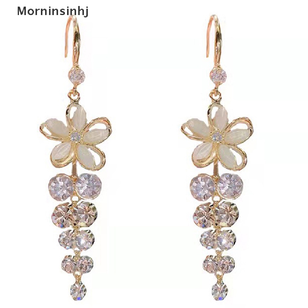 Mornin Anting Bunga Opal Akrilik Berlian Imitasi Rumbai Stud Earrings Elegan 1pasang id