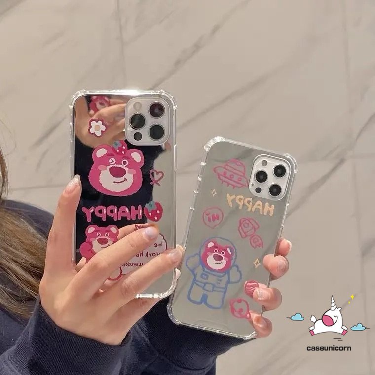 Casing Ponsel Manyo Kartun Strawberry Bear Lucu Imut Kompatibel Untuk iPhone 7plus XR 11 12 13 Pro MAX 7 8 Plus X XS MAX SE 2020 Lembut Jatuh Shockproof Make Up Mirror Back Cover