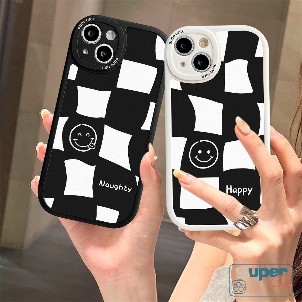 Redmi 10A 9A 9 10C 10 9T 9C Note 10 9 Pro 10s 8Pro 8 11 9s 11s 11Pro+POCO X3 NFC Pro M3 Mi 12 11 Lite 11T Simple Lucu Smile Face Hitam Putih Kotak-Kotak Soft TPU Couples Cover