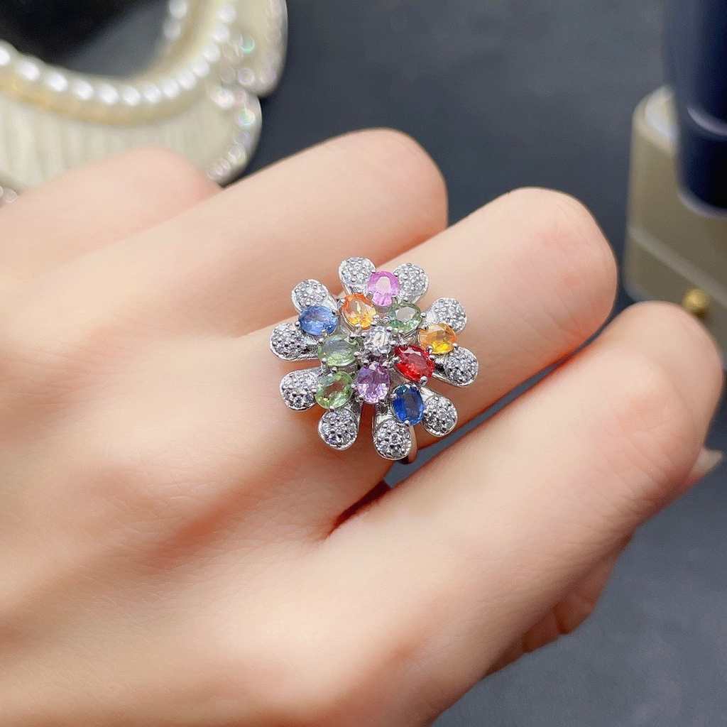 Goldkingdom Fashion Perhiasan Aksesoris Ready Stock Cahaya Mewah Fashion Imitasi Alami Srilanka Tidak Terbakar Safir Cincin Wanita Colorful Tourmaline Color Treasure Living Ring