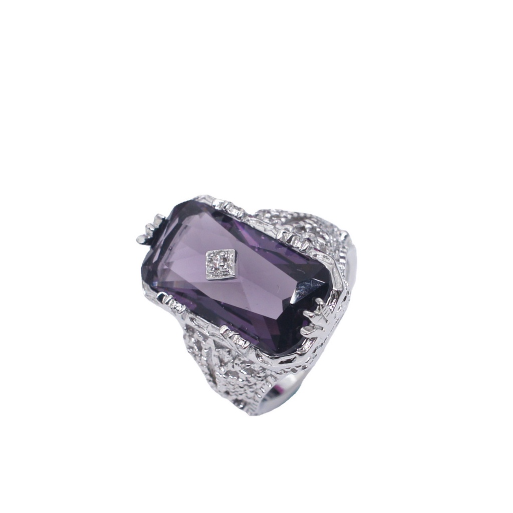 Goldkingdom Fashion Perhiasan Aksesoris Ready Stock Bertatahkan Chamfered Persegi Panjang Amethyst Putri Cincin Eropa Dan Amerika Melubangi Bunga Cincin Untuk Wanita