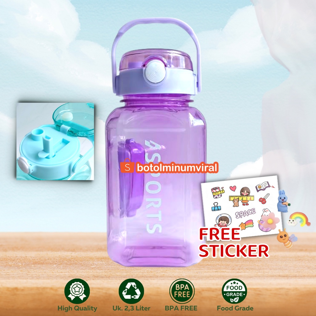 Botol Minum Viral 2,3 Liter Bening Free Sticker 3D 2D Sedotan 2 in 1