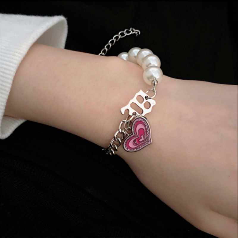 AY(CN) Kalung Dan Gelang Rantai Choker Liontin Hati Warna Pink Aksen Mutiara Untuk Wanita